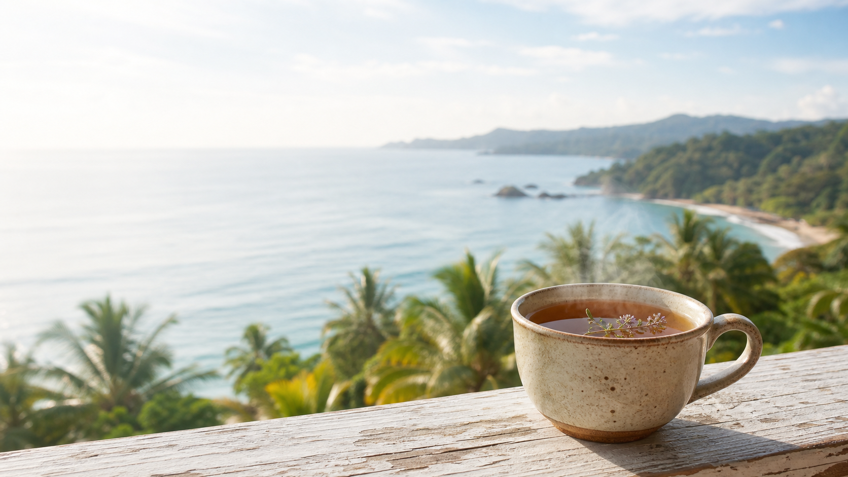 A cup of tea overlooking a Costa Rican coastline at sunrise