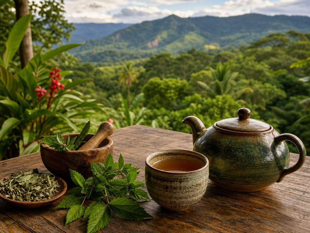 A traditional teapot and cup on a wooden table with a view of Costa Rican hills