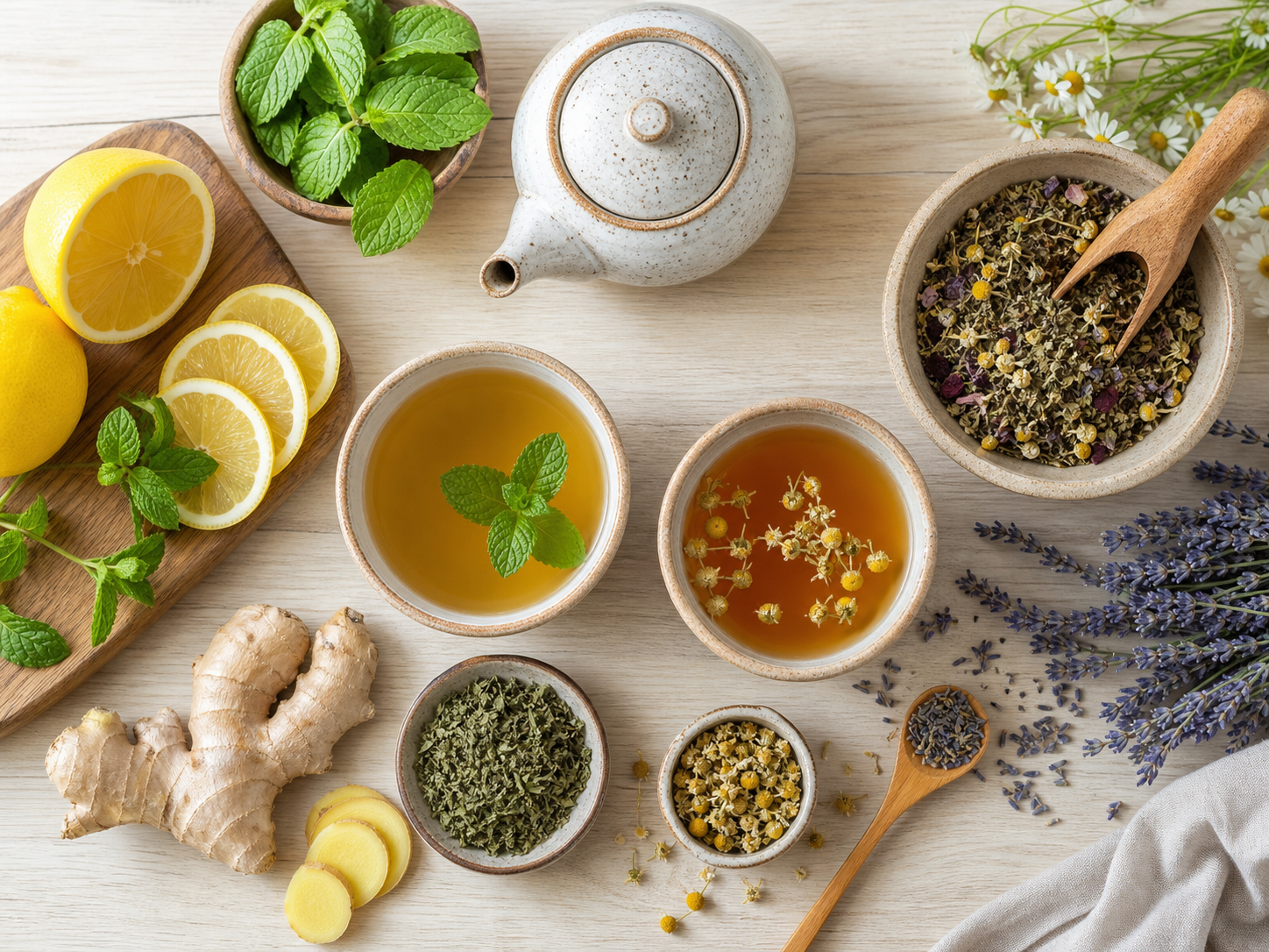 Two cups of herbal tea surrounded by lemon, ginger, mint, chamomile and lavender