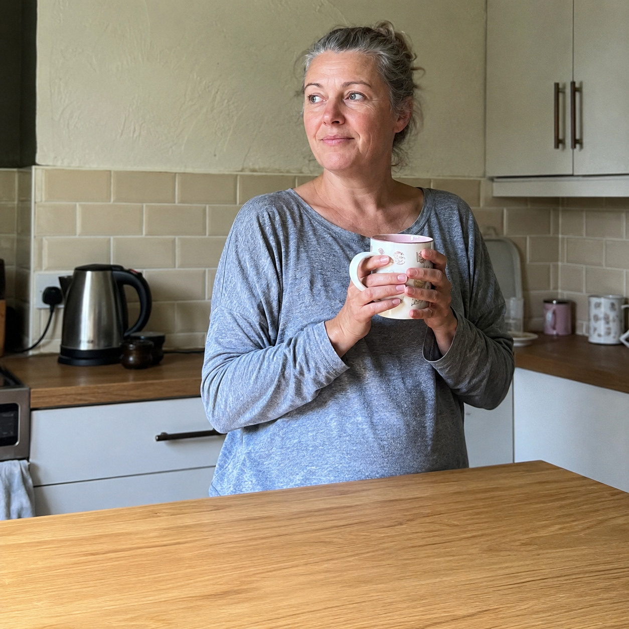 A woman in her 40s holding a warm mug of tea in her kitchen